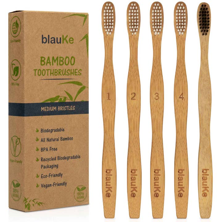 Bamboo Toothbrush Medium Bristle 5-Pack - 4 Bamboo Toothbrushes with White Bristles, 1 Black Charcoal Toothbrush - Biodegradable Wood Toothbrush Set for wholesale by BlauKe