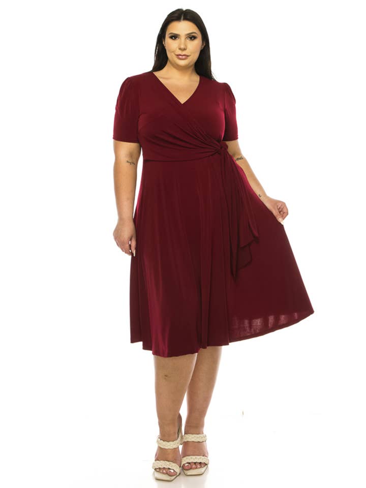MOA COLLECTION - Wholesale Dress - Women's - Women's Plus Solid Faux Wrap Dress with Deep V-Neck