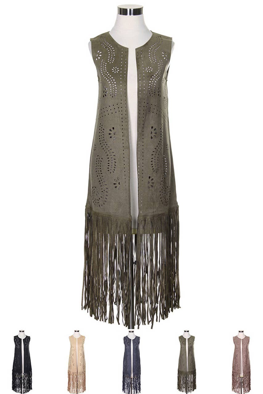 Hana - Venta al por mayor Chaleco de abrigo - Mujer - Chaleco de gamuza cortado con láser con estampado de hojas geométricas2