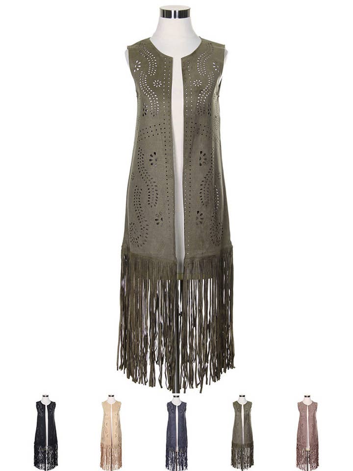 Hana - Venta al por mayor Chaleco de abrigo - Mujer - Chaleco de gamuza cortado con láser con estampado de hojas geométricas2