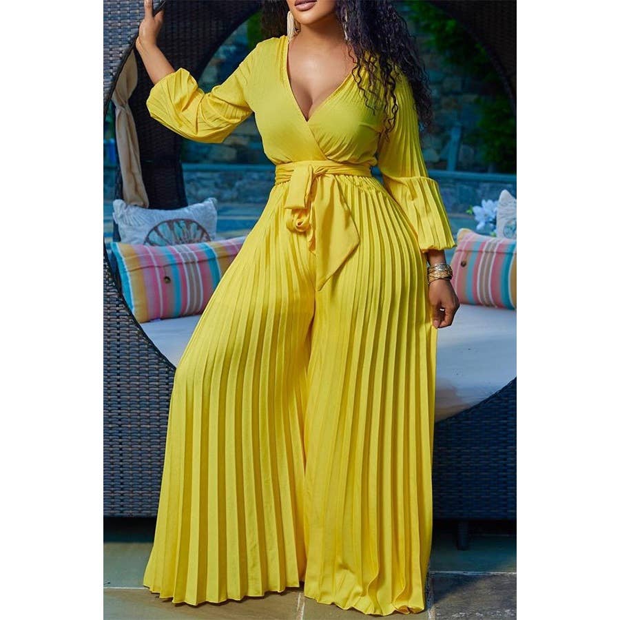 Paperdoll – wholesale Jumpsuit – Women's – V neck Sexy Lace up Pleated Wide Leg Jumpsuit4