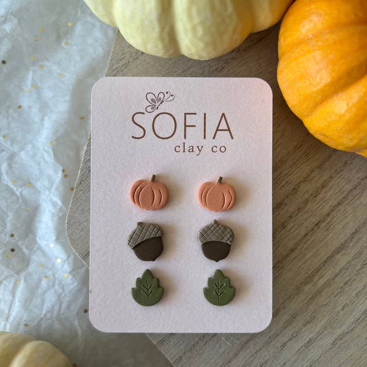 Sofia Clay Co. – wholesale Smycken – Fall Studs, Pumpa Studs, Acorn Studs, Leaf Studs, Lera örhängen, Handgjorda smycken, Fall Wear