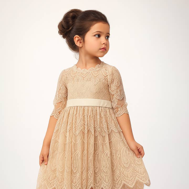Fennco Styles - Wholesale Dress - Kids - Beige Vintage Lace 3/4 Sleeve A-Line Girl Dress 1