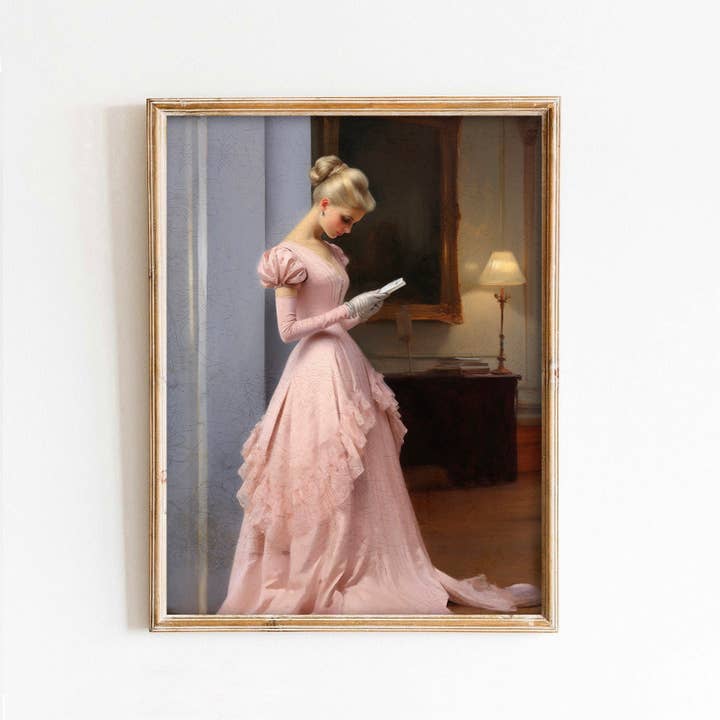 Paper House Print Shop - Wholesale Art Print - Victorian Woman Reading Book in Pastel Pink Gown Valentine's Day Art Print1