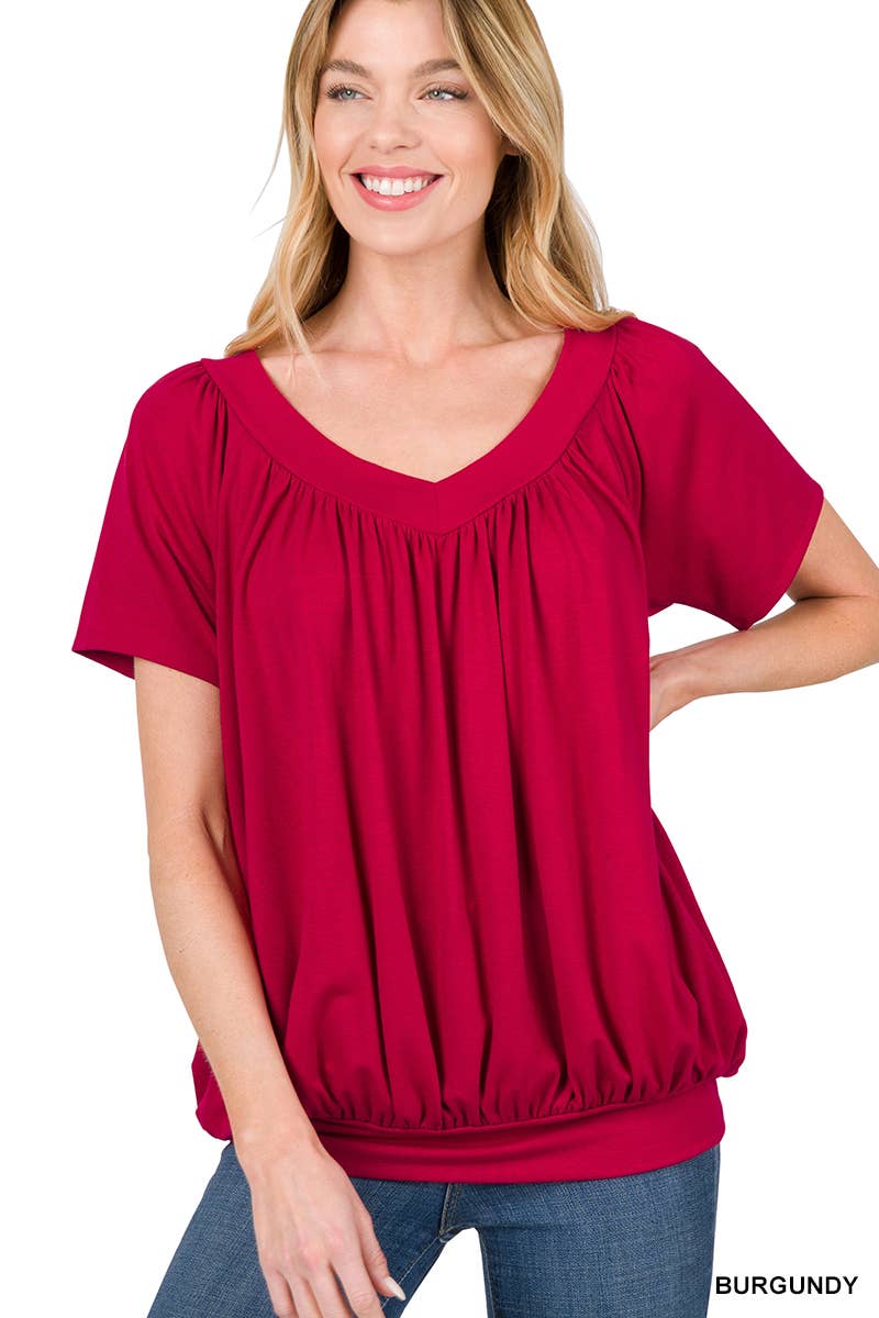 42POPS - Wholesale Blouse - Women's - ",.SHIRRED V-NECK SHORT SLEEVE TOP1