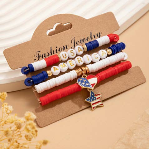 Dark Blue American Flag Pendant Letter Beaded Bracelet Set for wholesale on Faire