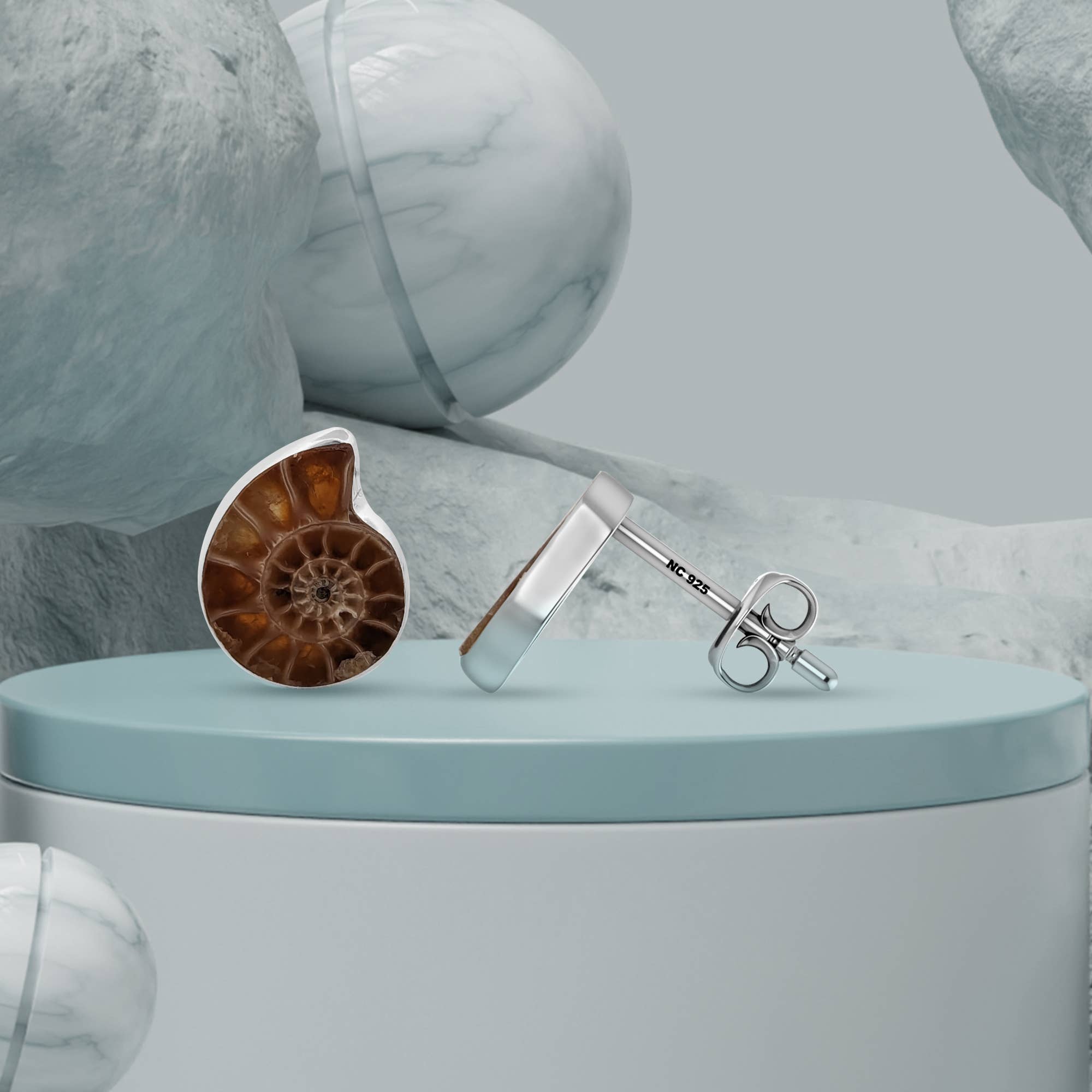 Nature Crafts – wholesale Stud/post earrings – Natural Rough Ammonite Stud Earrings, Sterling Silver