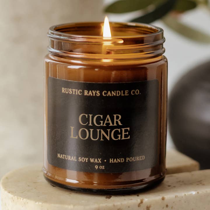 Cigar Lounge 9 oz Soy Candle - Father's Day Gifts for Him for wholesale by Rustic Rays Candle Co.