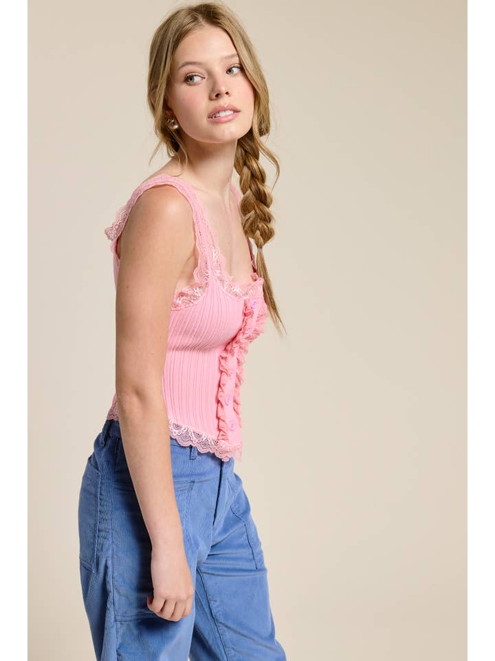 Mimosa - Wholesale Tank Top - Women's - Scalloped Lace Trim Corset-Bodice Knit Tank Top8