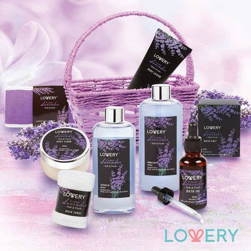 Lovery - Wholesale Bath & Body Set - Home Spa Gift Basket - Lavender and Jasmine - 9pc Bath Set (1