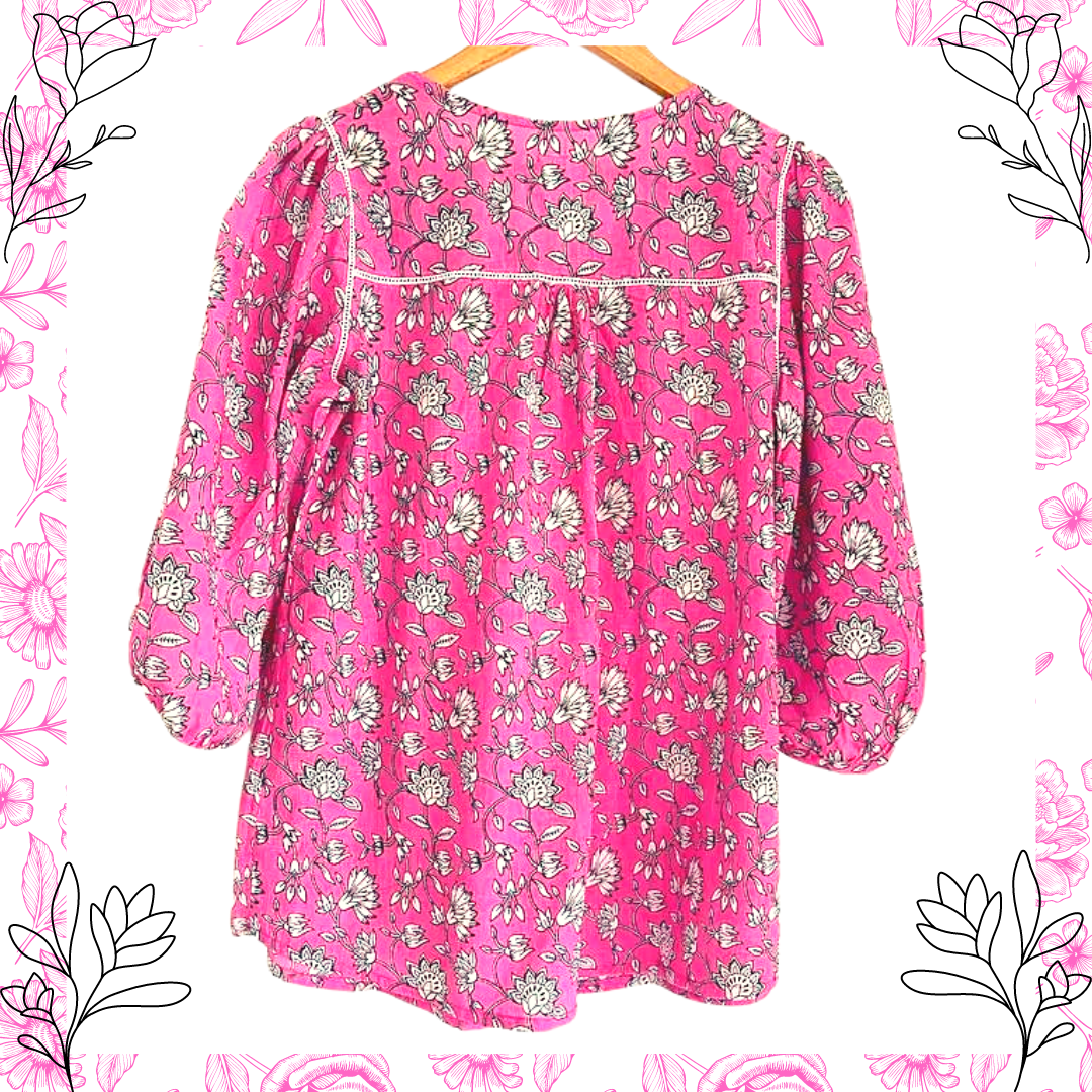 The Indian Bazaar – Túnica - Mulher por atacado – Túnica feminina - estampa floral rosa e branca, cordões de gravata11