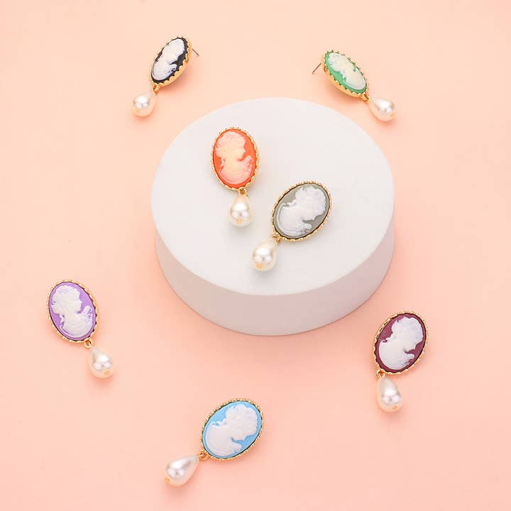 Teardrop Pearl Dangle Cameo Earrings for wholesale by Sensibling Corp.