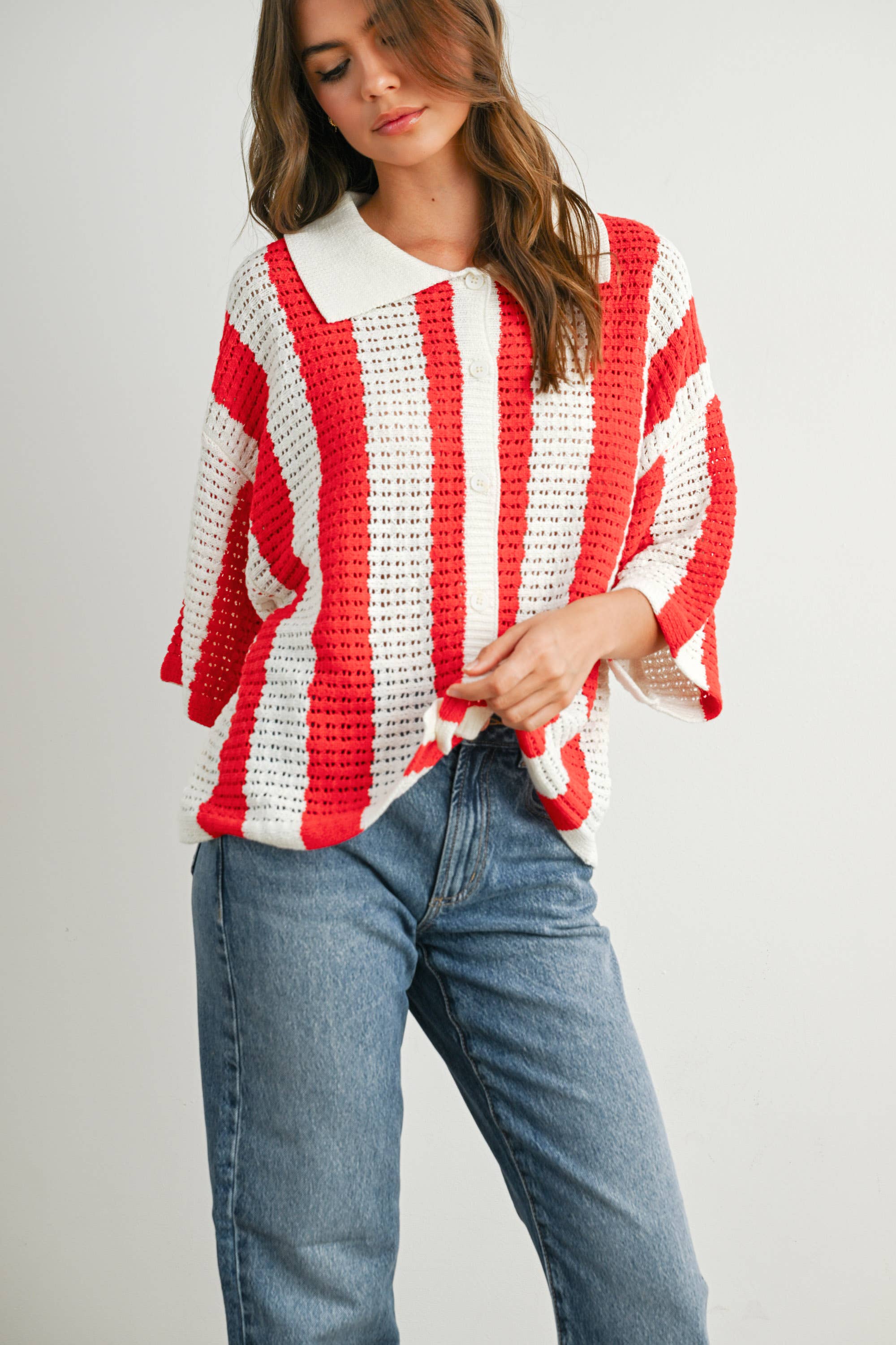 BUTTERMELON - Venta al por mayor Jersey de punto - Mujer - Jersey de Punto a Rayas con Botones - BMW774233