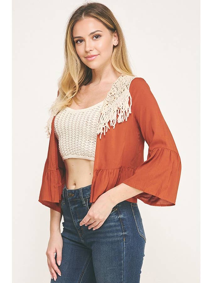 Sunday Morning - Wholesale Cardigan - Women's - J5036L16/CROCHET FRINGE THREE QUARTER SLEEVECARDIGAN20
