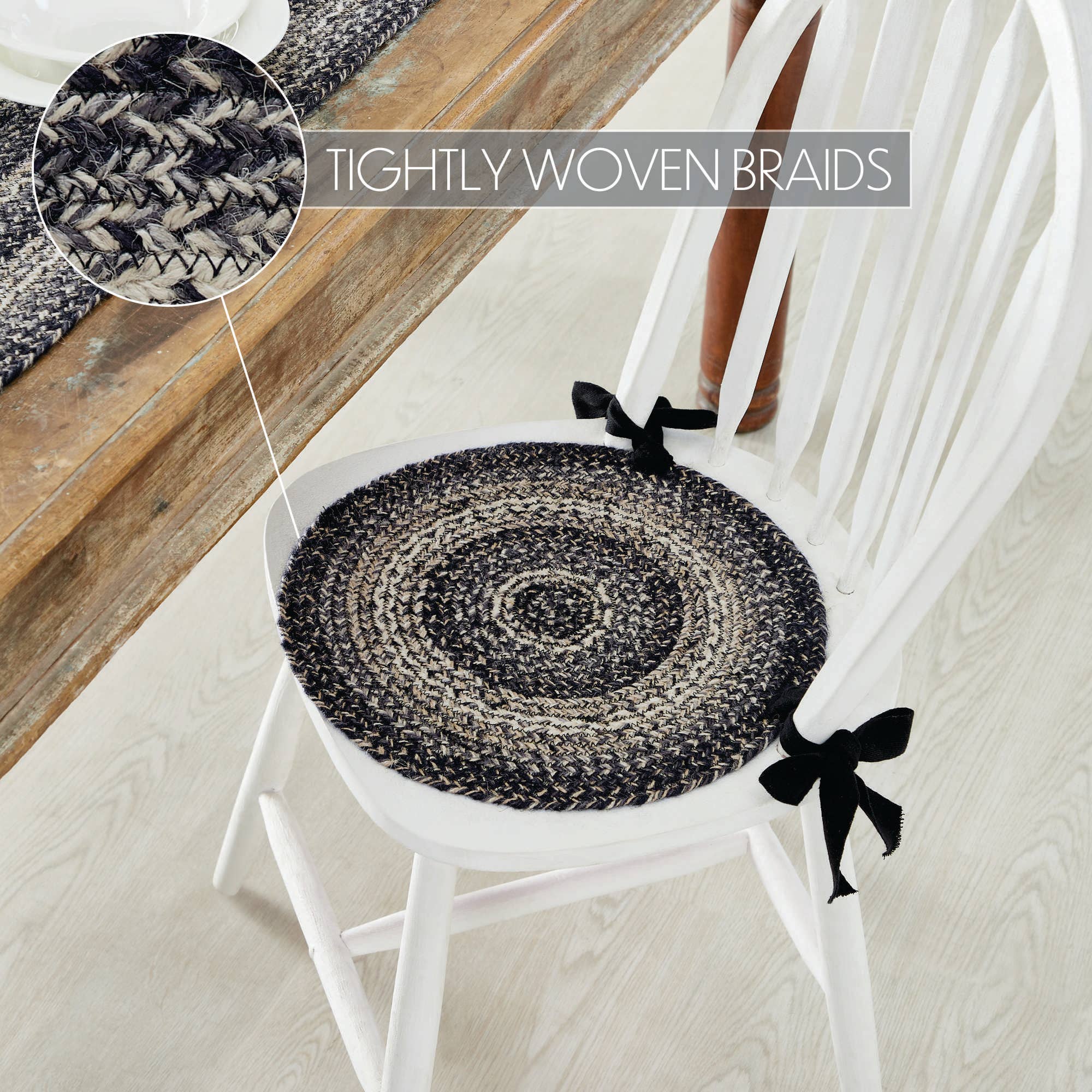 VHC Brands - Wholesale Chair Cushion - Sawyer Mill Black White Jute Chair Pad 15 inch Diameter3