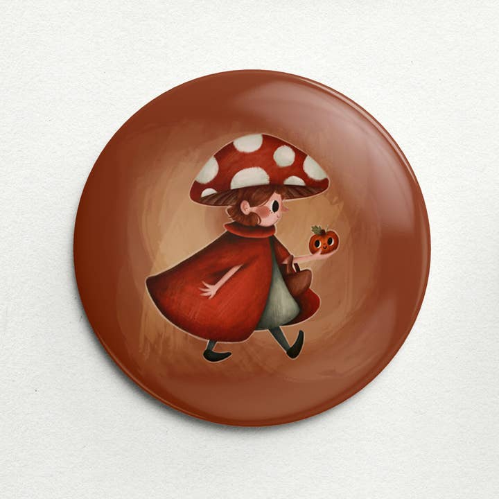 Mushroom Girl Button Pin for wholesale by TinkerTal Illustrations