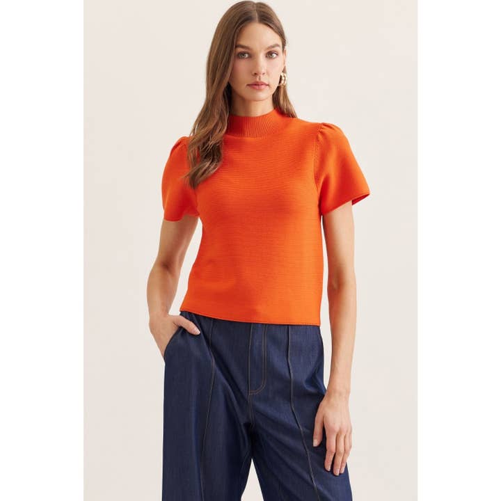 Stevige gebreide top met korte pofmouwen en opstaande kraag voor wholesale door STYLE USA