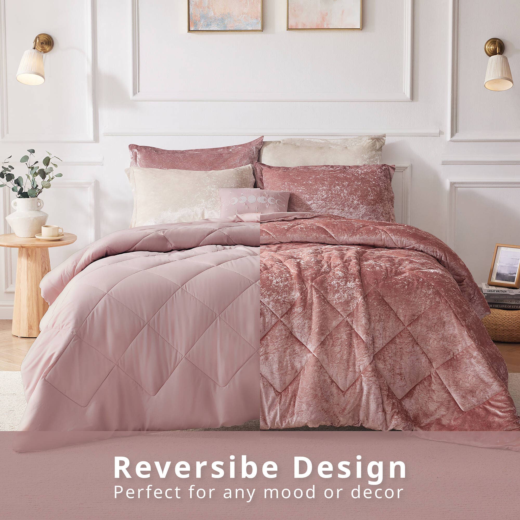 Olliix - Vente Parure de lit - Ensemble de couette ou housse de couette 4 pièces en velours écrasé, Blush4