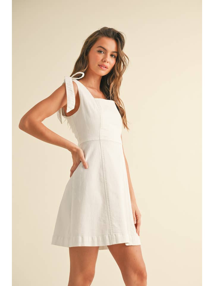 White D4567 STRETCH COTTON TIE ON SLEEVE DRESS for wholesale on Faire