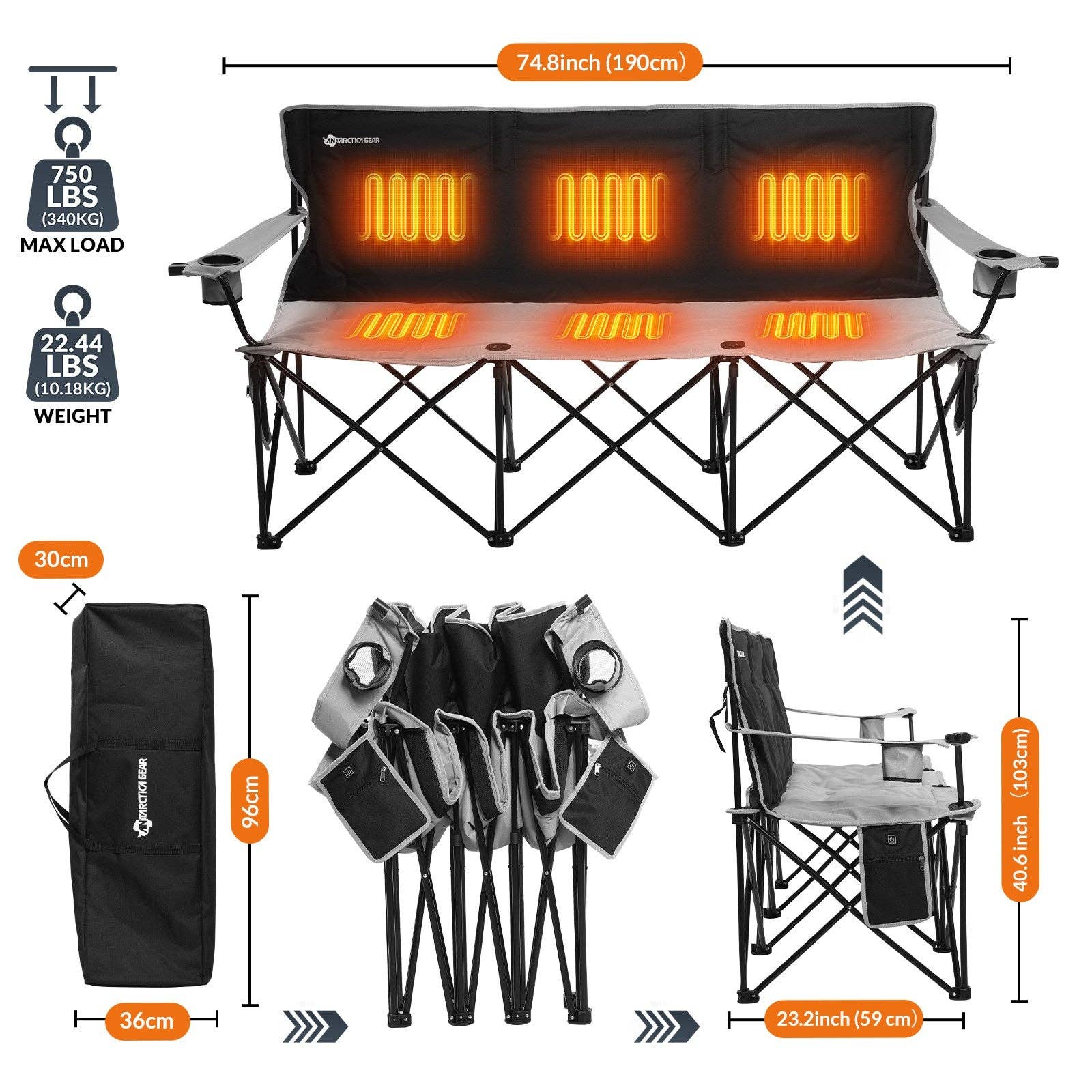 Antarctica Outdoors – wholesale Folding chair – ANTARCTICA GEAR Heated 3-Person Camping Chair with 12V 15000mAh Battery Pack2