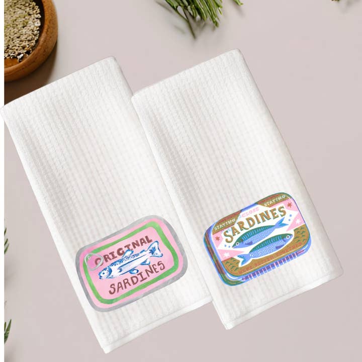 Cottage & Club - Wholesale Tea Towel - Retro Sardine Can Waffle Weave Tea Towel Collection - Fisherman Aesthetic - French Decor - Dopamine Decor - Colorful Coastal Kitchen Decor4