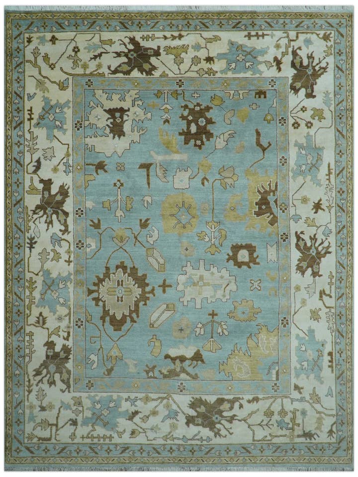 Tapis de zone en laine noué à la main bleu au design Oushak traditionnel sur mesure pour la vente par The Rug Decor, Inc.