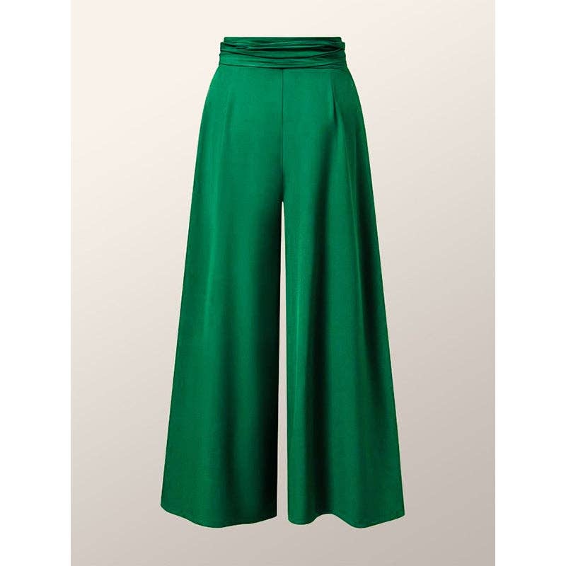 GREEN Loose Wide Leg Pleated Solid Color Tied Waist Pants Trousers for wholesale on Faire3