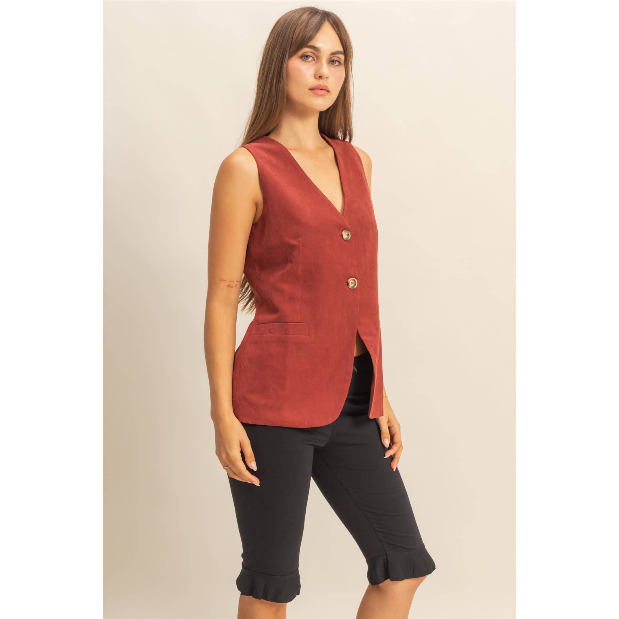 HYFVE - Vente Veste sans manches – femme - Gilet ajusté sans manches à col en V avec boutons14