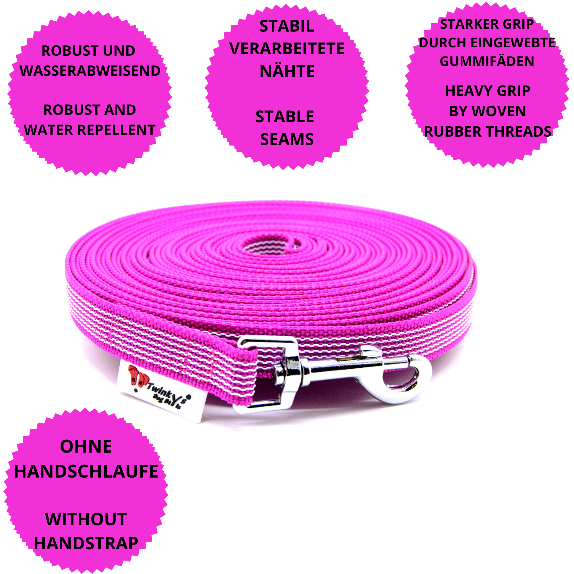 Twinkys Dog Style - Vente Laisse – chien - Laisse de traîne en caoutchouc 20 mm Rose0