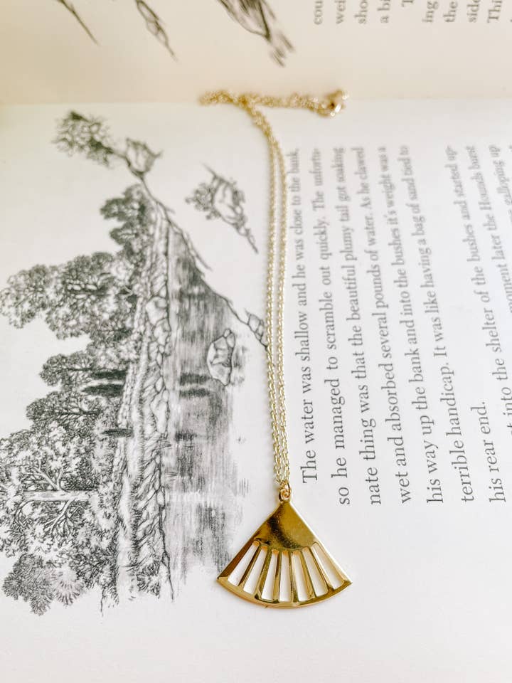 Gold Gatsby Style Fan Pendant Necklace for wholesale by Sweet Home Nashville