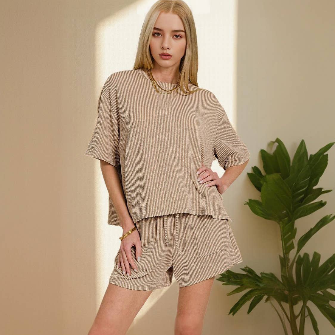 42POPS – Engroshandel Loungesæt - Dame – .Corded Rib T-shirt & Shorts 2-delt Sæt57