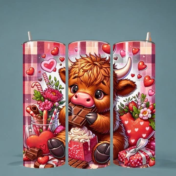 Alpha Wholesale - Wholesale Insulated Mug/Tumbler - Simply Everyday Products Tumbler 20oz with Lid, Straw, and Rubber Bottom – Highland Cow Valentine's Day Tumbler Wrap – Funny Cow Design