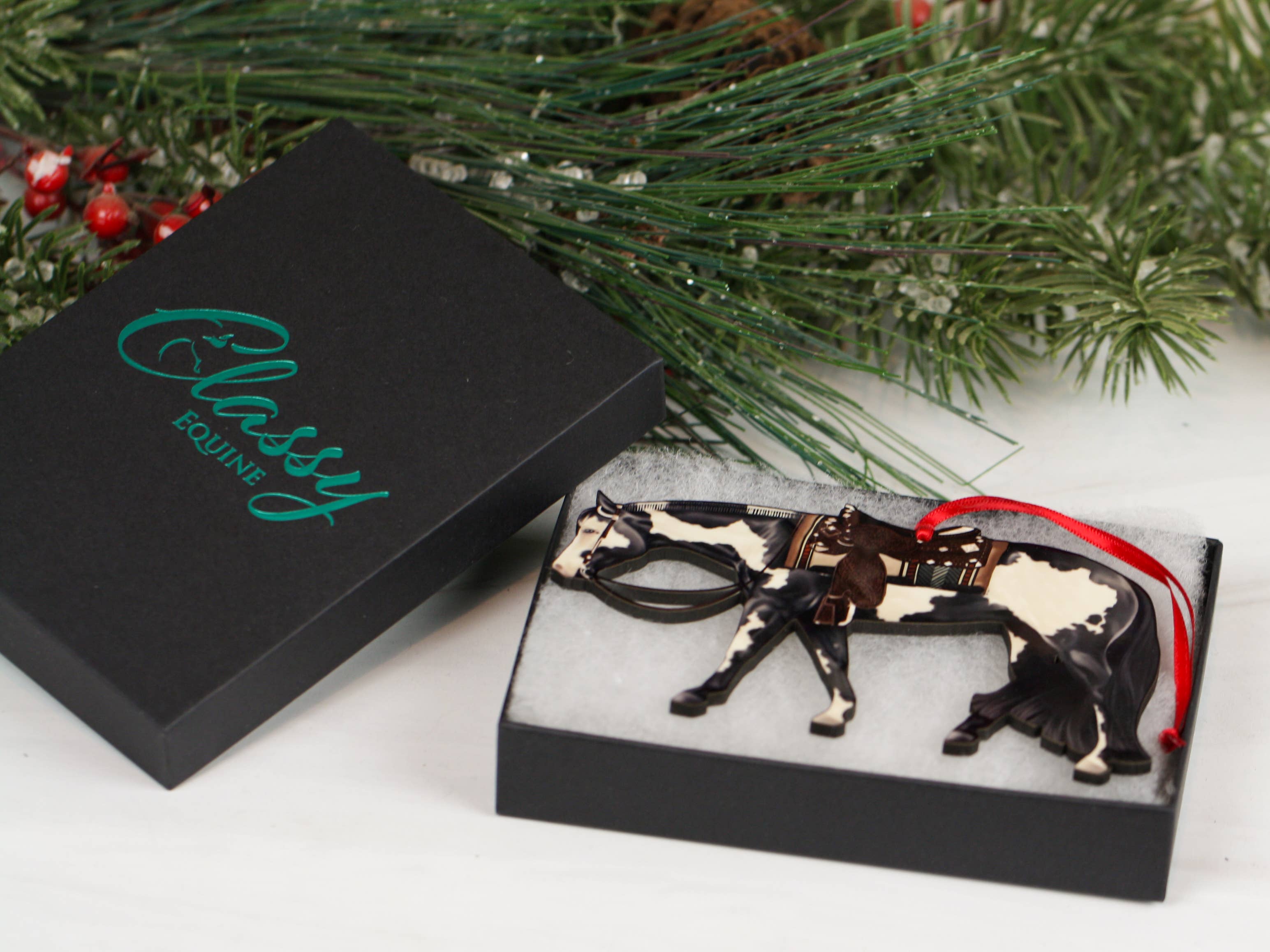 Classy Equine - Wholesale Ornament - Black Tobiano Western Pleasure Horse Ornament - Paint Horse5