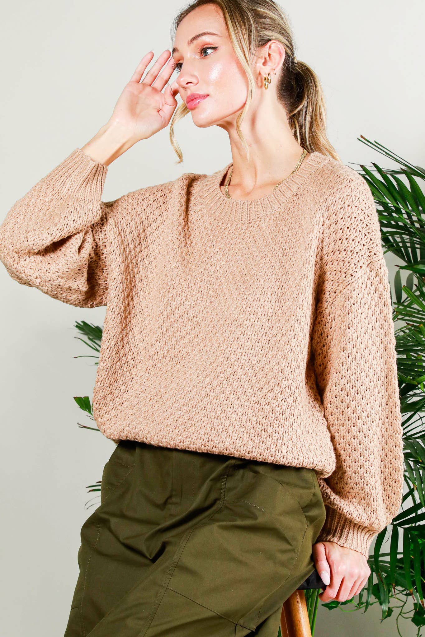 Vine & Love - Venta al por mayor Jersey de punto - Mujer - Suéter de punto gofre con cuello redondo y manga larga en forma de globo VT60523A10