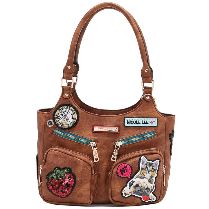 M&M HANDBAGS, LLC. – wholesale Drawstring bag – women's – P17084 MULTI PATCH SHOULDER BAG