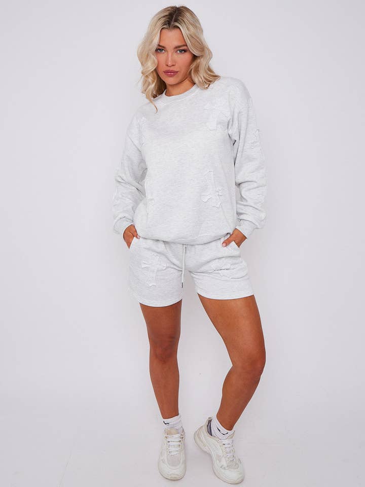 AX Labels - Wholesale Lounge Set - Women's - Crucifix Embroidered Sweatshirt & Shorts Fleece Co-ord17