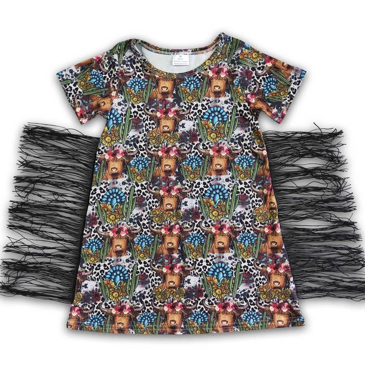 Leopard cow shorts sleeve tassels dress girls western fringe dresses for wholesale by Yawoo Garments