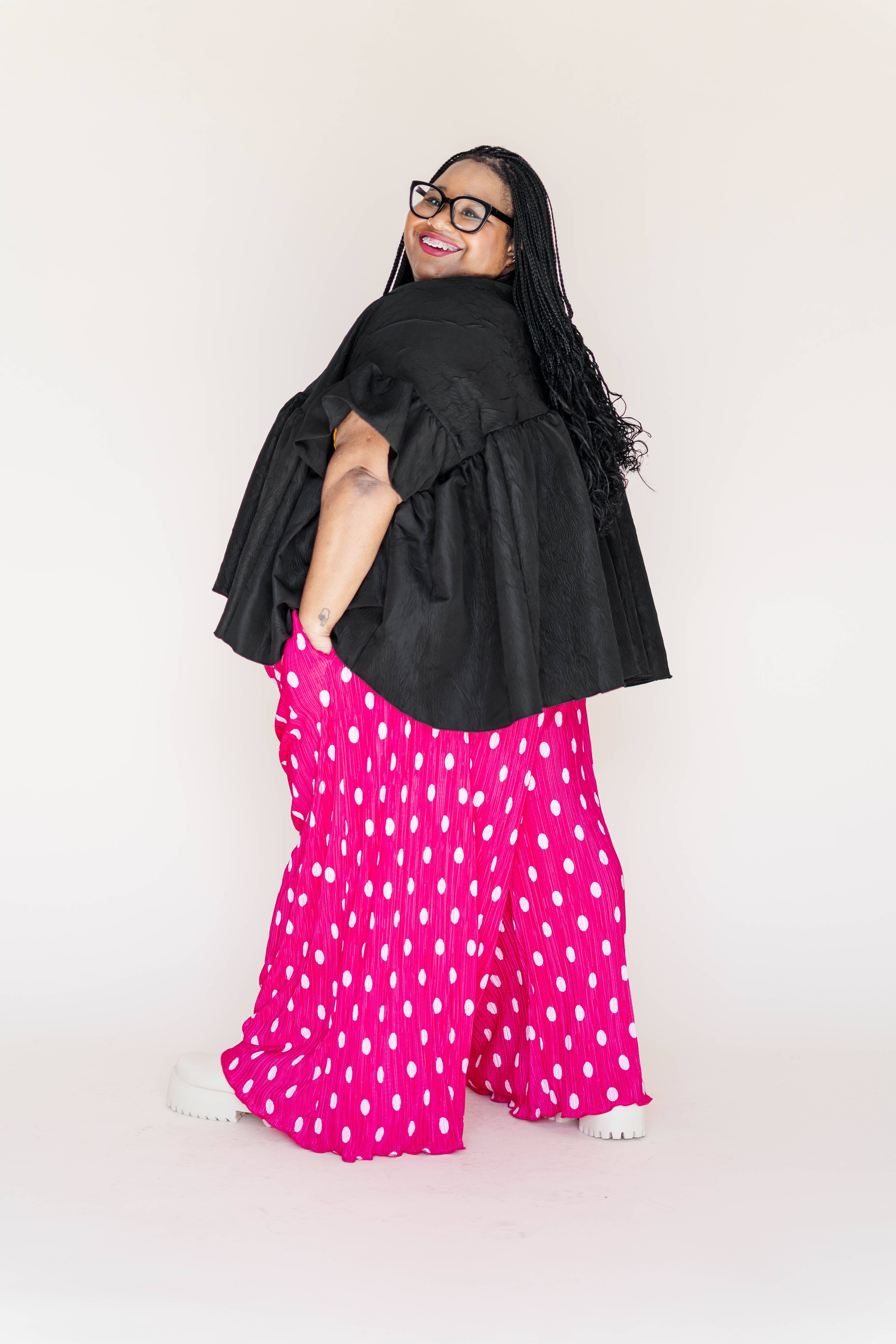 Nettle Studios - Wholesale Pants - Women's - Size Inclusive Hot Pink & White Polka Dot Pleated Flare Pant35