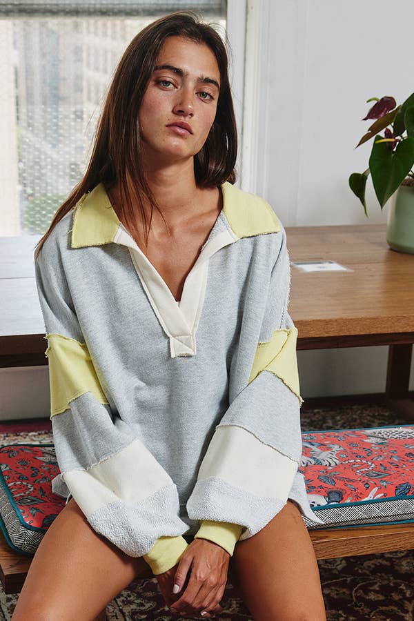 BUCKETLIST INC - Wholesale Tunic - Women's - T2004E French Terry Color-block Collared Loose Fit Top1