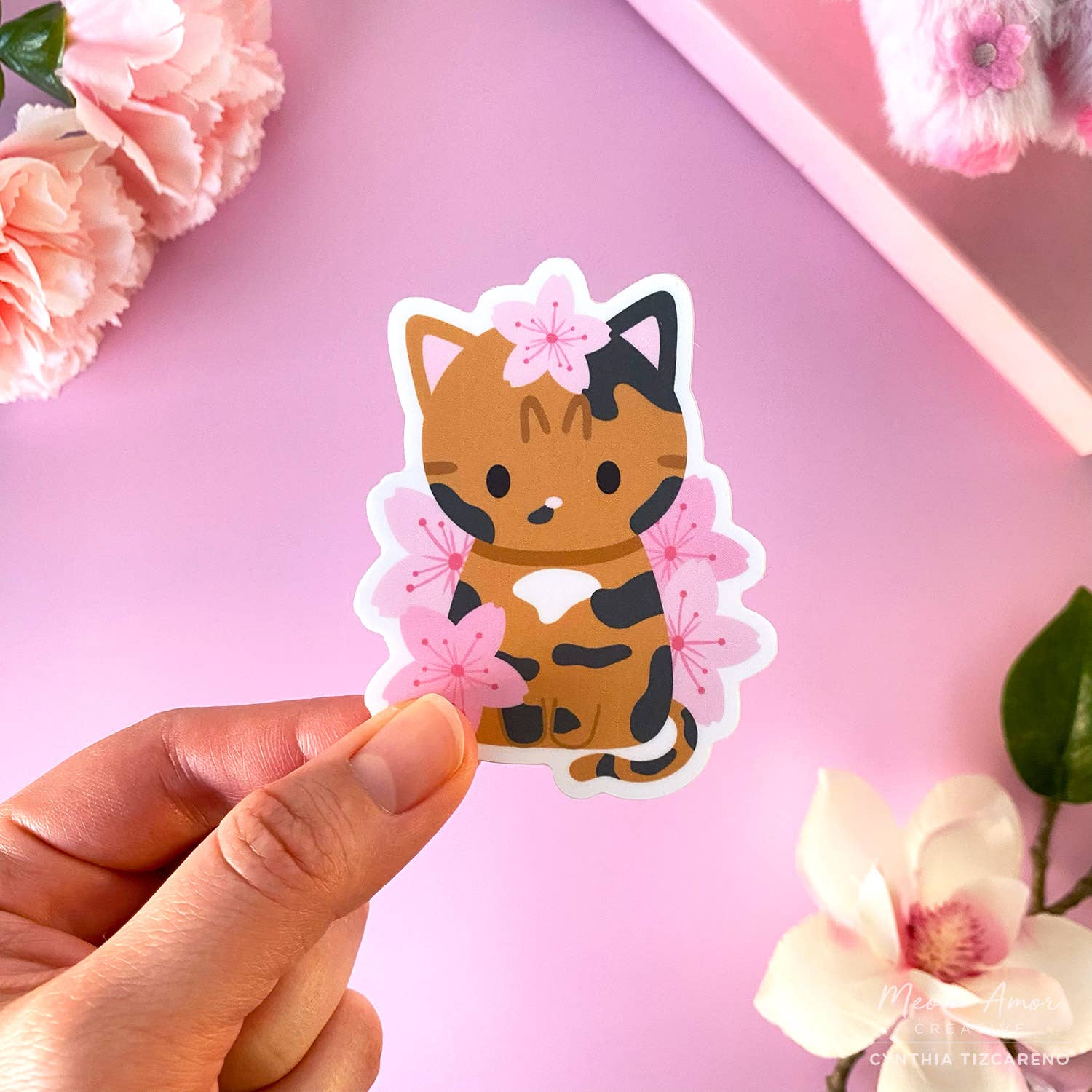 Meow Amor Creative - Wholesale Sticker - Cherry Blossom Tortie Vinyl Sticker