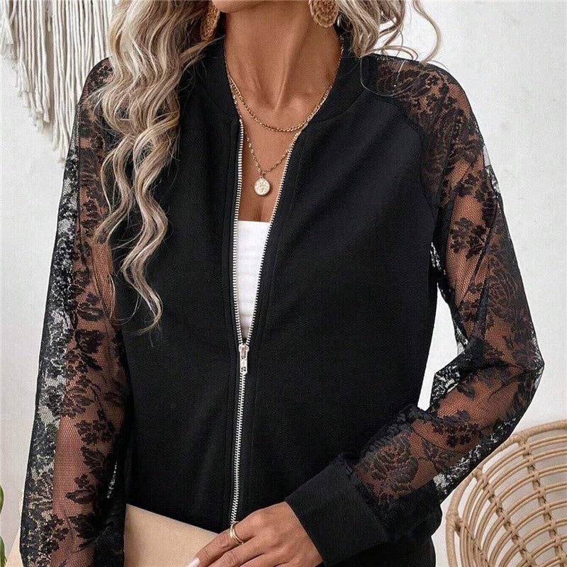 UZ Wholesale Store - Wholesale Jacket - Women's - Lace Patchwork Long Sleeve Baseball Collar Jacket0