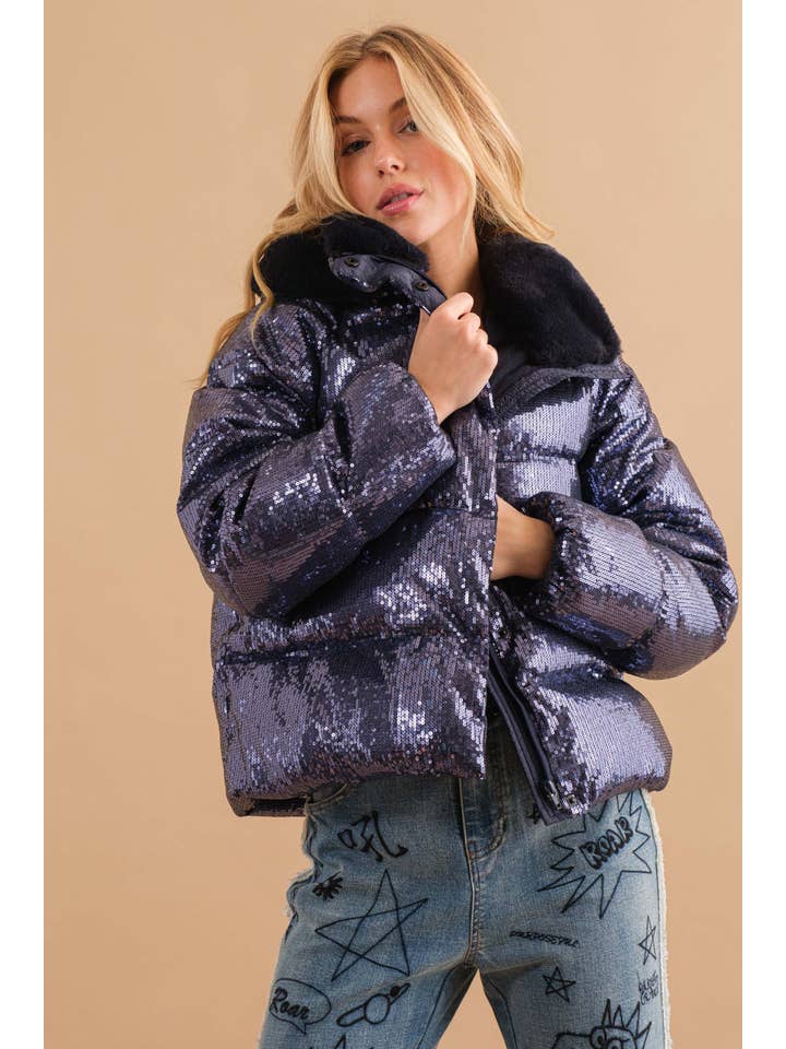 NAVY 34172J - Sequin Puffer Quilted Fur Hooded Zip Up Coat for wholesale on Faire2