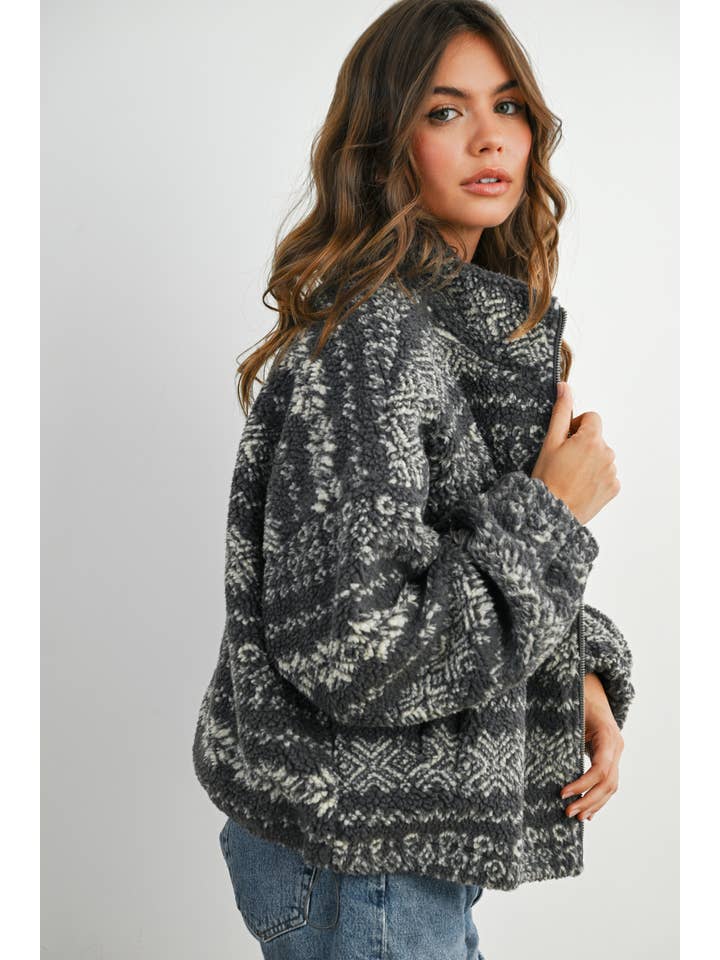 BUTTERMELON - Wholesale Jacket - Women's - Fuzzy Fleece Zip-Front Patterned Jacket - BMJ780711