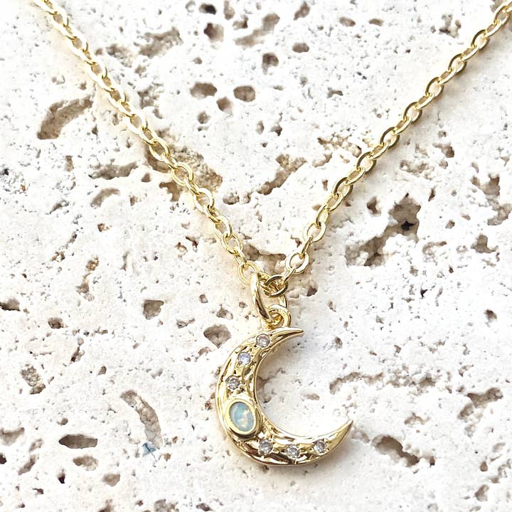 VB&CO Designs Handmade Jewelry - Wholesale Pendant/Charm Necklace - Opal moon dainty necklace