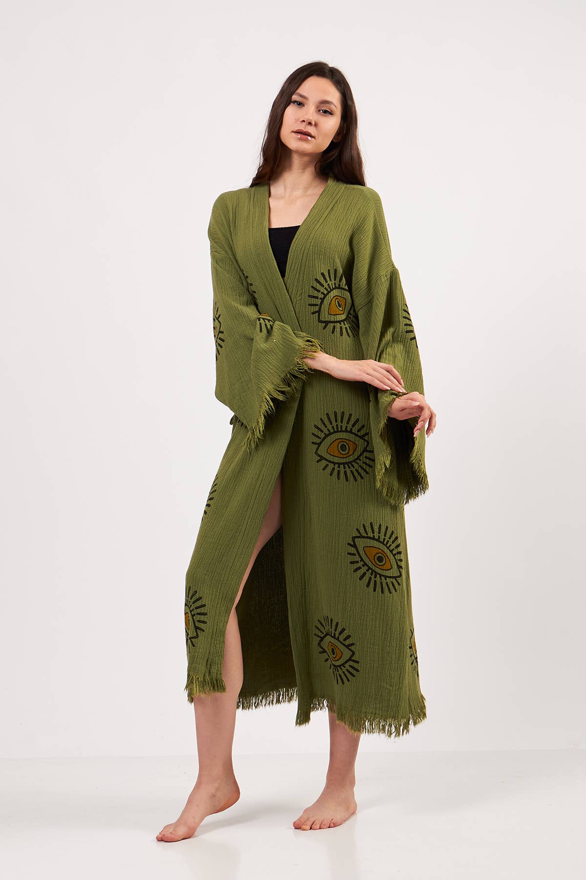 Yaz Concepts - Wholesale Kimono - Women's - Turkish Evil Eye Print Olive Green Robe Festival Kimono 7