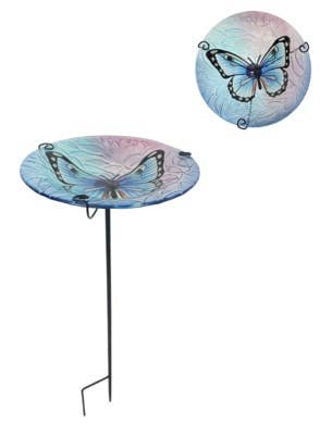 Continental Art Center - Wholesale Bird Bath - Butterfly Pattern Glass Bird Bath Garden Stake2