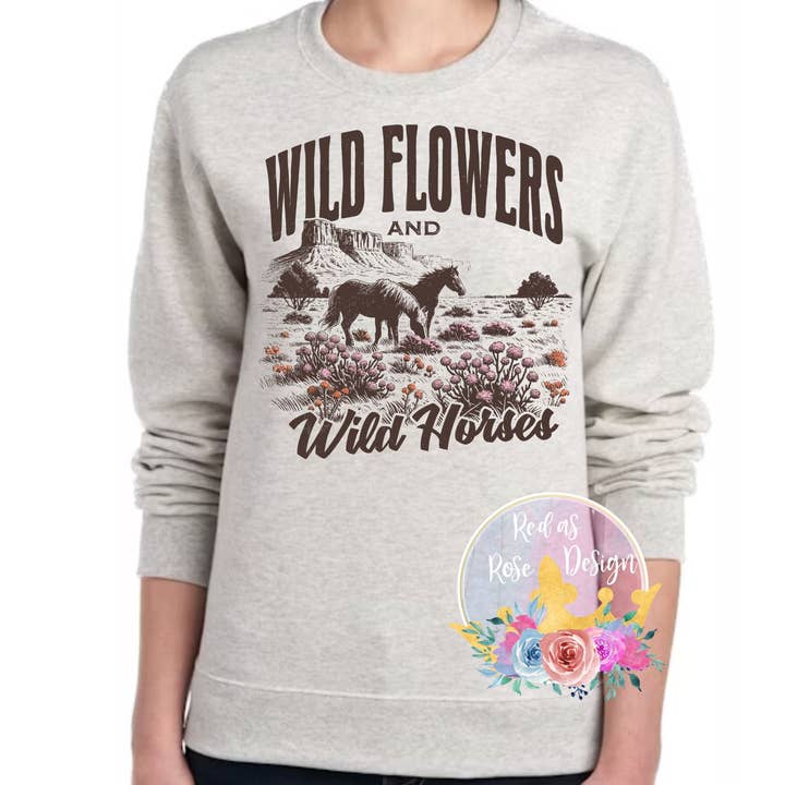 Wild Flowers and Wild Horses Sweatshirt for wholesale by Red As Rose Design