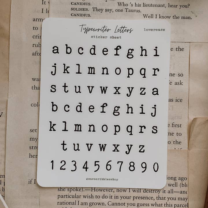 Typewriter Letters Sticker Sheet (lowercase) for wholesale by Savannah Scribbles Shop