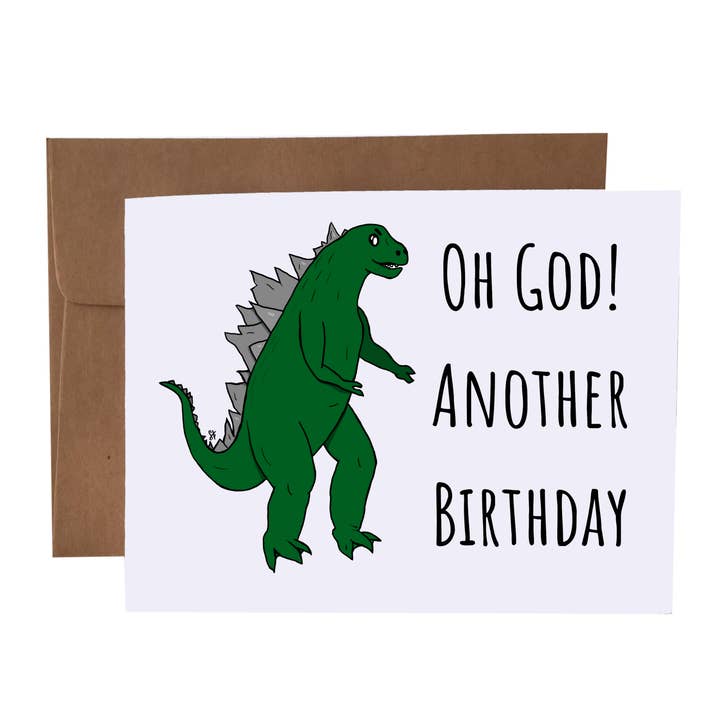 Oh God Another Birthday Godzilla Pun Greeting Card for wholesale by SKP ink