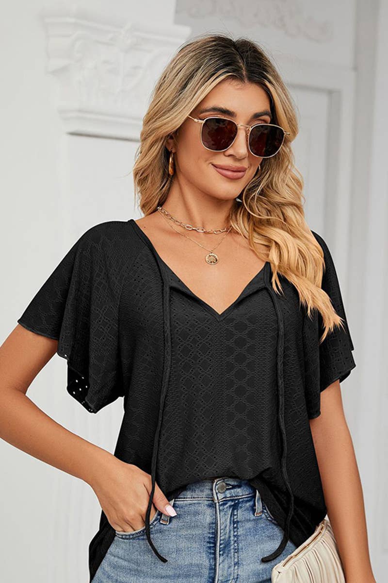 Lily Clothing - Wholesale Blouse - Women's - CWTTS0472_V NECK PUNCHING LACE UP RUFFLE LOOSE TOP5